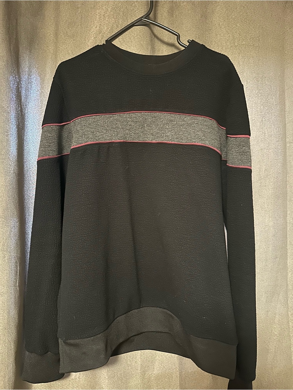 DKNY Black Crewneck Sweater with Gray Stripe and Pink Trim